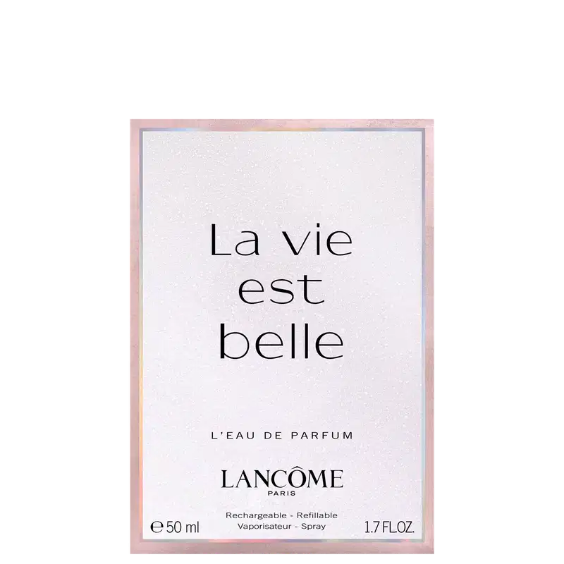 Frasco de perfume Lancôme La Vie Est Belle com tampa decorada, contendo líquido rosa brilhante. Embalagem de vidro transparente com detalhes prateados. Produto com aparência elegante e sofisticada.