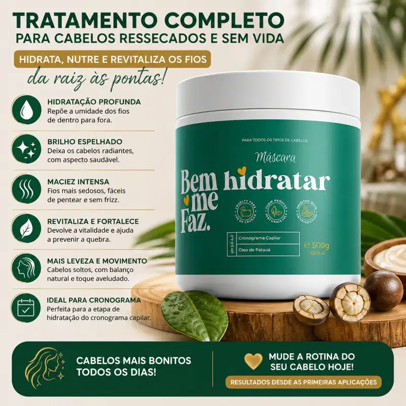 Máscara Capilar Hidratação Patauá 500g Hidratar Bem Me Faz