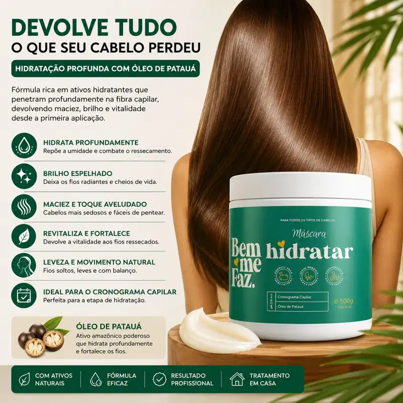 Máscara Capilar Hidratação Patauá 500g Hidratar Bem Me Faz