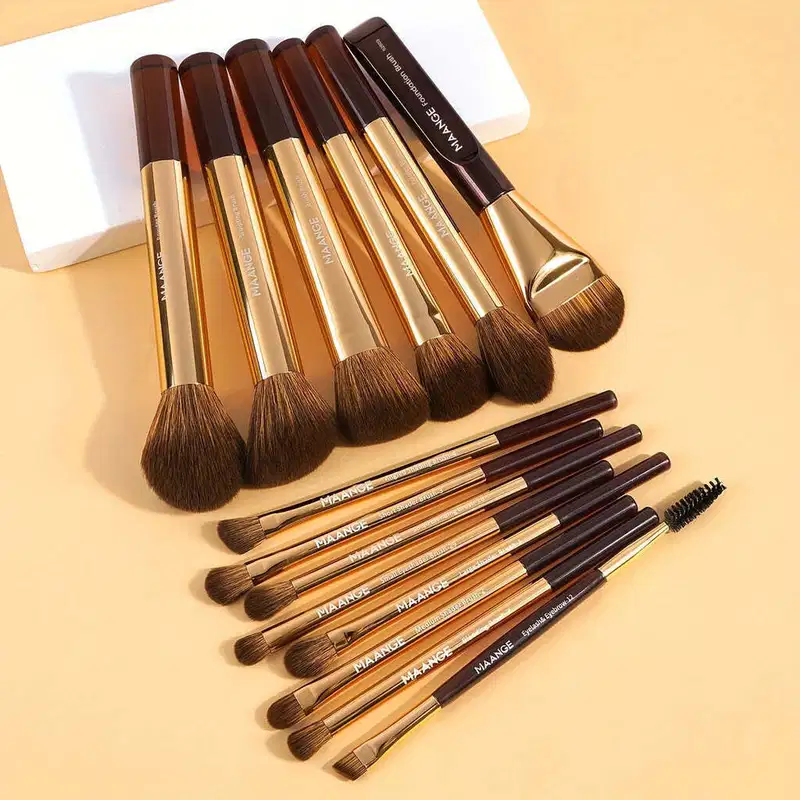 Kit 14 Pincéis Maquiagem MAANGE Base Sombra Corretivo Blush Premium - Dourado Prateado
