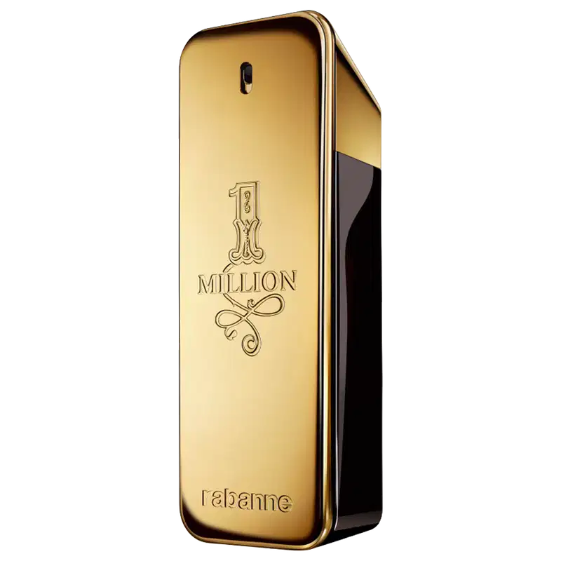 Frasco de perfume dourado da marca Rabanne, com o nome "1 Million" gravado em relevo. O design é elegante e minimalista, com o logotipo da marca destacado.