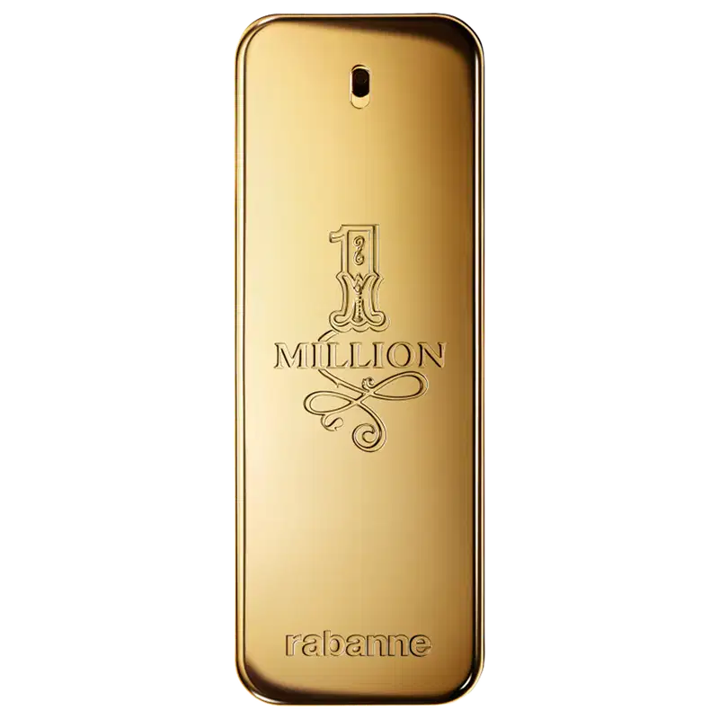 Frasco de perfume dourado da marca Rabanne, com o nome "1 Million" gravado em relevo. O design é elegante e minimalista, com o logotipo da marca destacado.