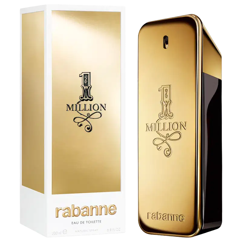 Frasco de perfume dourado da marca Rabanne, com o nome "1 Million" gravado em relevo. O design é elegante e minimalista, com o logotipo da marca destacado.