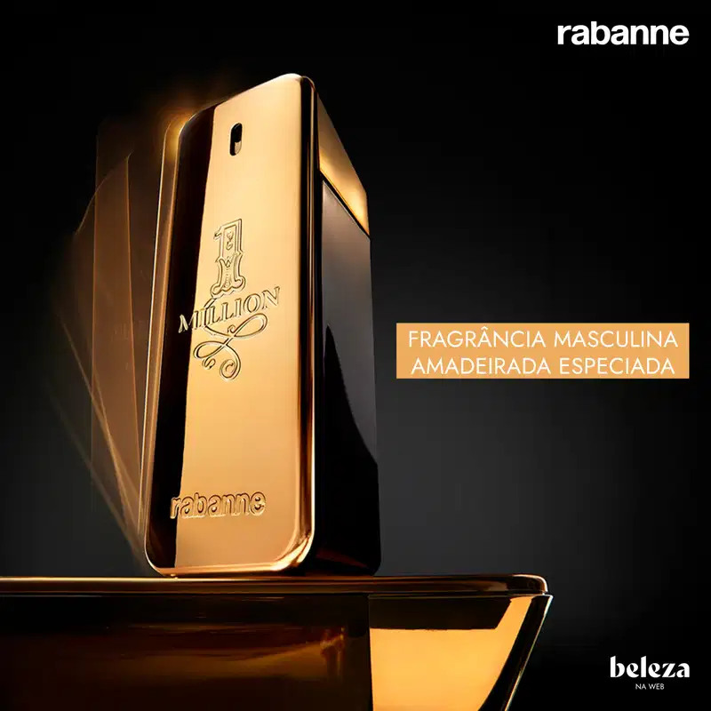 Frasco de perfume dourado da marca Rabanne, com o nome "1 Million" gravado em relevo. O design é elegante e minimalista, com o logotipo da marca destacado.