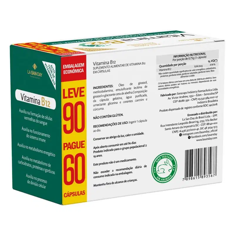 Kit C2 Vitamina B12 Cápsulas P/Metabolismo C90 - La San Day