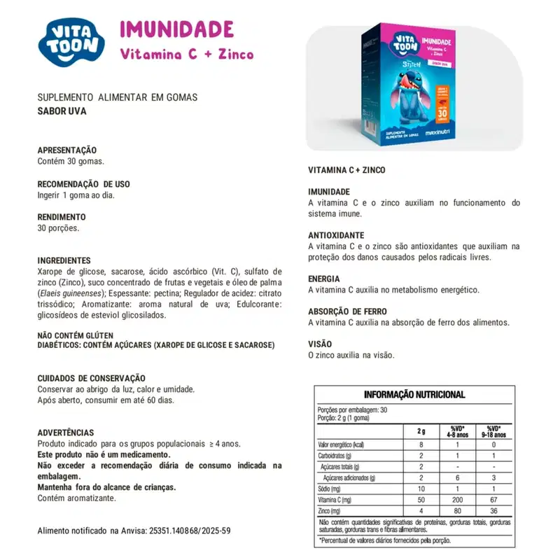 Vitatoon Maxinutri Stitch Imunidade – 30 Gomas Sabor Uva