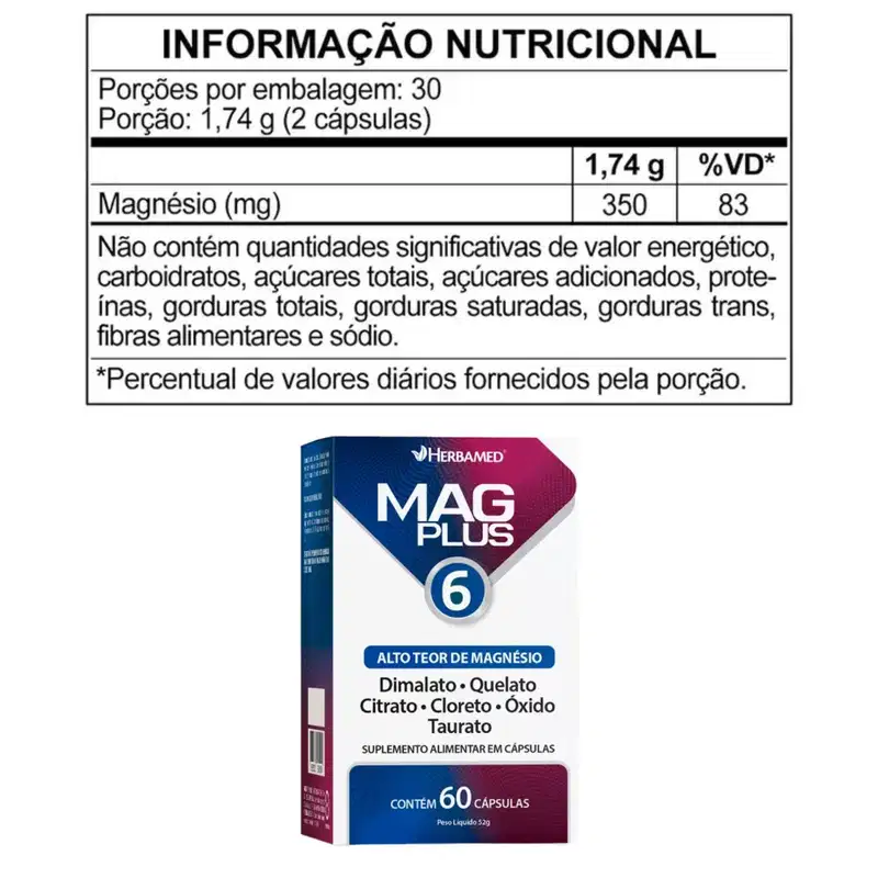 Mag Plus 6 Magnésio C60 Herbamed – Energia e Função Muscular