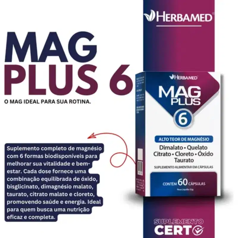 Mag Plus 6 Magnésio C60 Herbamed – Energia e Função Muscular