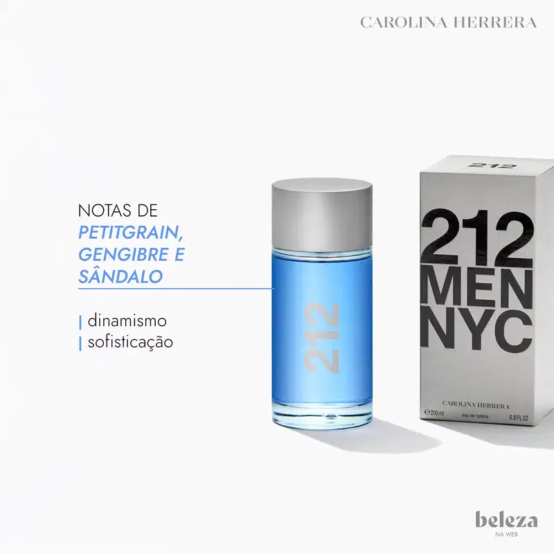 Embalagem de item de perfumaria da marca Carolina Herrera, com frasco azul e texto "212 MEN NYC" em caixa cinza.