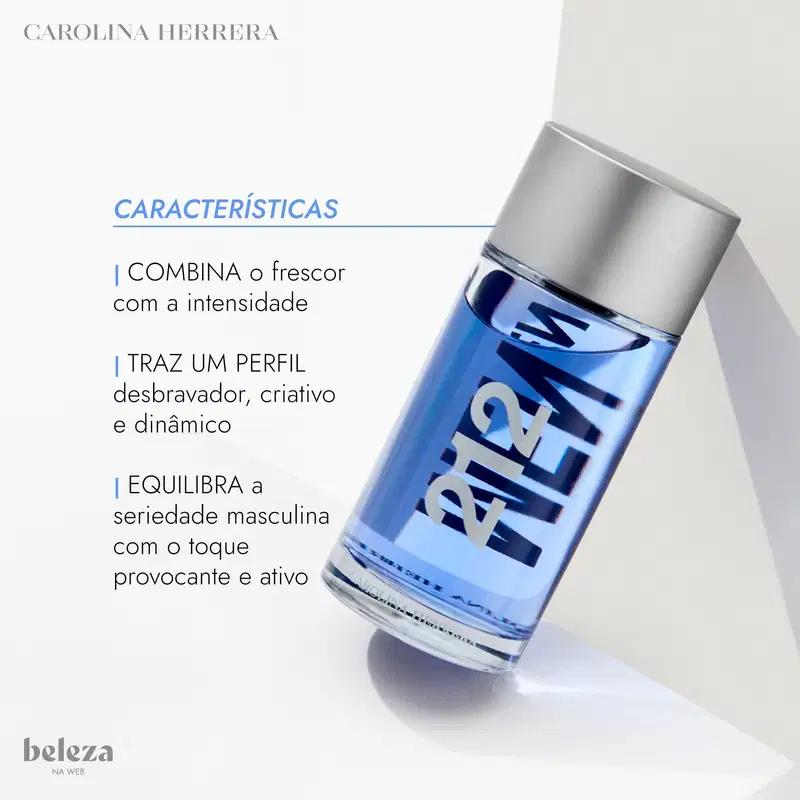 Frasco de item de perfumaria da marca Carolina Herrera com design moderno e dinâmico, em tom azul vibrante.