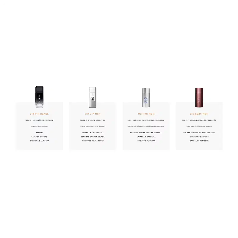 Quatro frascos de perfume da marca Carolina Herrera, com diferentes cores e rótulos indicando os nomes dos produtos: 212 VIP Black, 212 VIP Men, 212 NYC Men e 212 Sexy Men.