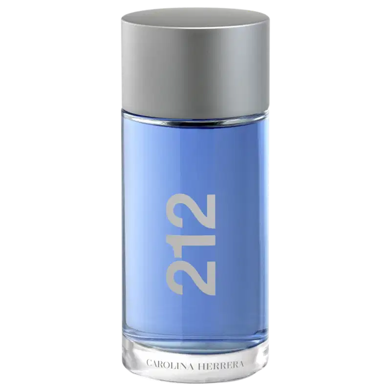 Frasco de perfume Carolina Herrera 212, com embalagem de cor azul clara e detalhes em prata, exibindo o número "212" em destaque.