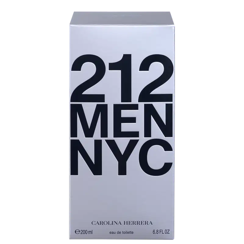 Caixa branca com texto preto "212 MEN NYC" da marca Carolina Herrera, contendo um frasco de perfume masculino de 200 ml.
