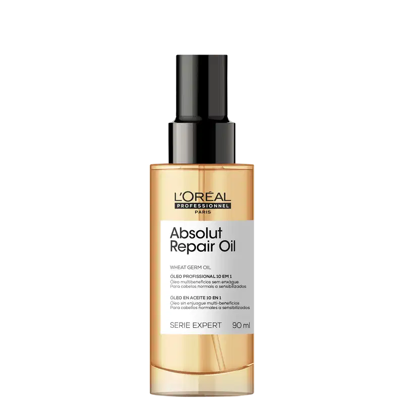 Frasco de óleo reparador Absolut Repair da L'Oréal Professionnel, com 90 ml de produto. Embalagem preta e dourada, com destaque para o nome do produto e informações sobre os benefícios do óleo de gérmen de trigo.