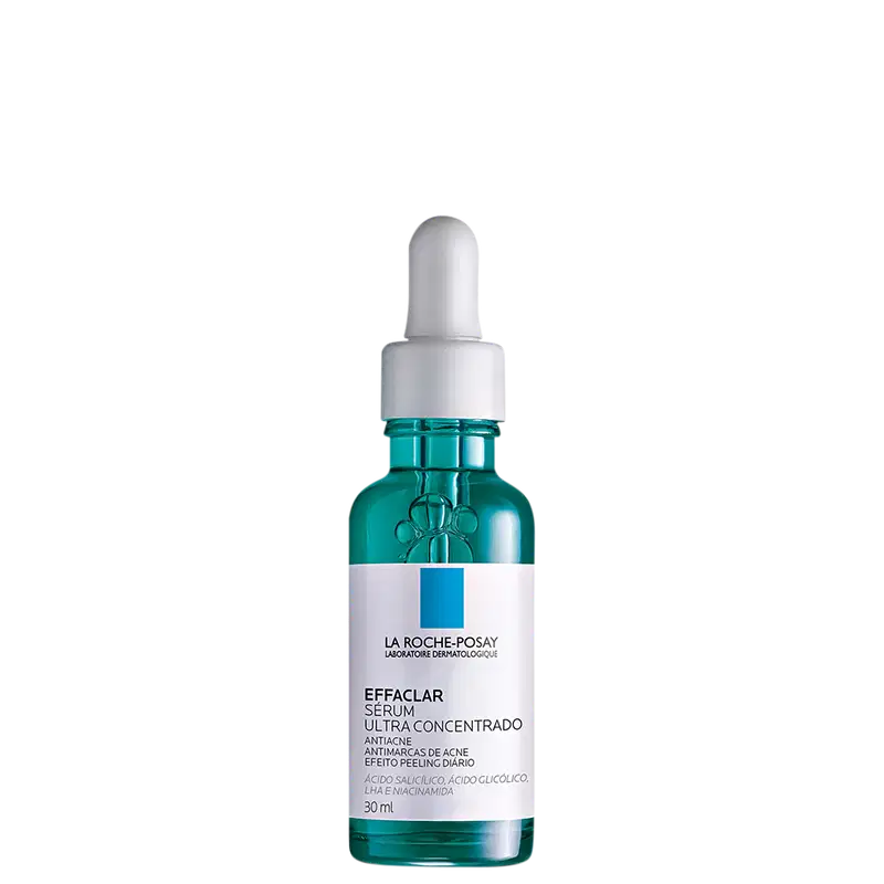 Frasco de vidro verde com conta-gotas branco contendo o sérum Effaclar Ultra Concentrado da marca La Roche-Posay, um produto antiacne com ácido salicílico e ácido glicólico.