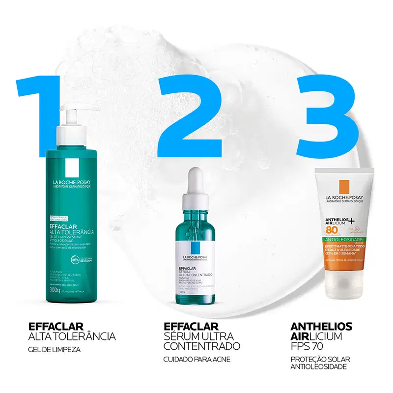 Frasco de vidro verde com conta-gotas branco contendo o sérum Effaclar Ultra Concentrado da marca La Roche-Posay, um produto antiacne com ácido salicílico e ácido glicólico.