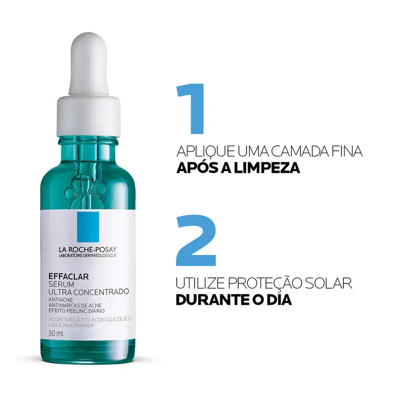 Frasco de vidro verde com conta-gotas branco contendo o sérum Effaclar Ultra Concentrado da marca La Roche-Posay, um produto antiacne com ácido salicílico e ácido glicólico.