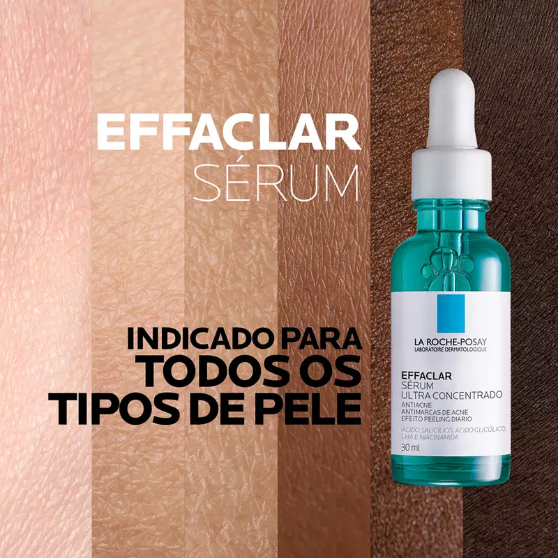 Frasco de vidro verde com conta-gotas branco contendo o sérum Effaclar Ultra Concentrado da marca La Roche-Posay, um produto antiacne com ácido salicílico e ácido glicólico.