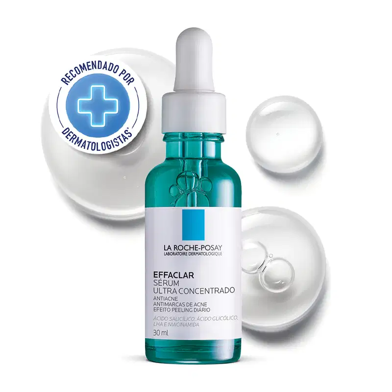 Frasco de vidro verde com conta-gotas branco contendo o sérum Effaclar Ultra Concentrado da marca La Roche-Posay, um produto antiacne com ácido salicílico e ácido glicólico.