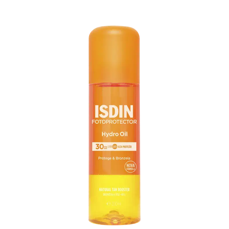 Frasco de óleo hidratante fotoprotetor ISDIN com FPS 30, em embalagem laranja e amarela, com rótulo destacando "Hydro Oil" e "Protege & Bronzeia".