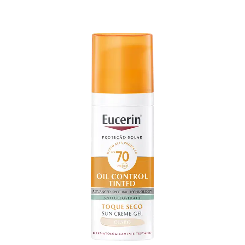 Frasco de protetor solar Eucerin Oil Control Tinted com FPS 70, embalagem laranja e branca, rótulo com informações sobre o produto e sua tecnologia avançada.