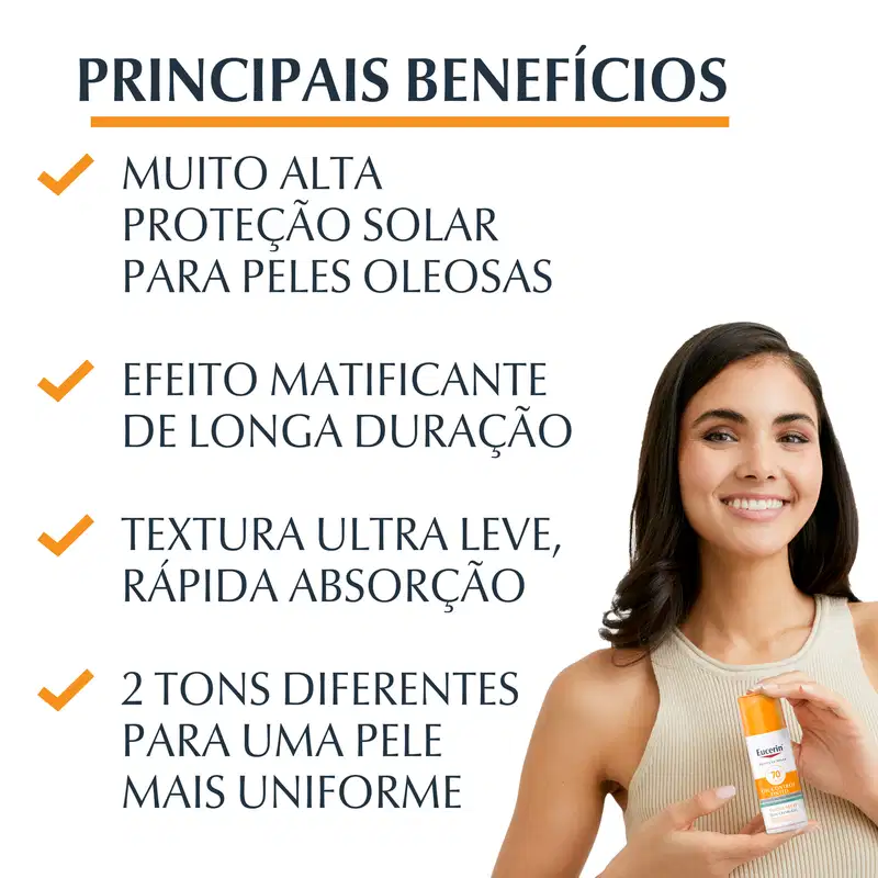 Eucerin Sun Oil Control Cor Clara FPS 70 - Protetor Solar Facial com Cor 50ml