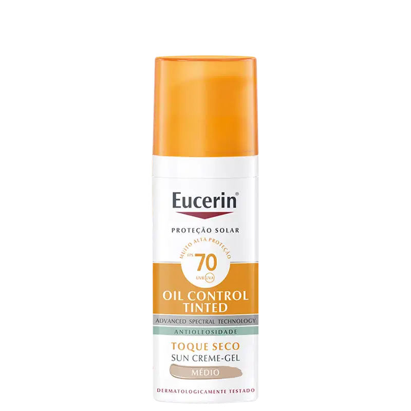 Frasco de protetor solar Eucerin Oil Control Tinted com FPS 70, embalagem laranja e branca, com rótulo indicando tecnologia espectral avançada e propriedades antioleosilidade.