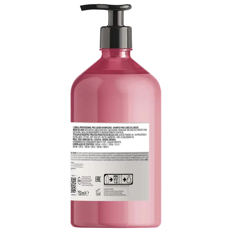 Frasco de item de perfumaria rosa com bomba de acionamento. Rótulo com informações do produto em várias línguas. Embalagem de plástico com design simples e elegante.