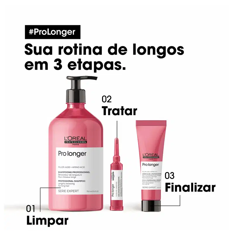 Produto de perfumaria da marca L'Oreal Professionnel. Três etapas para rotina de longos: 1) Limpar, 2) Tratar, 3) Finalizar. Embalagens com texto em português.