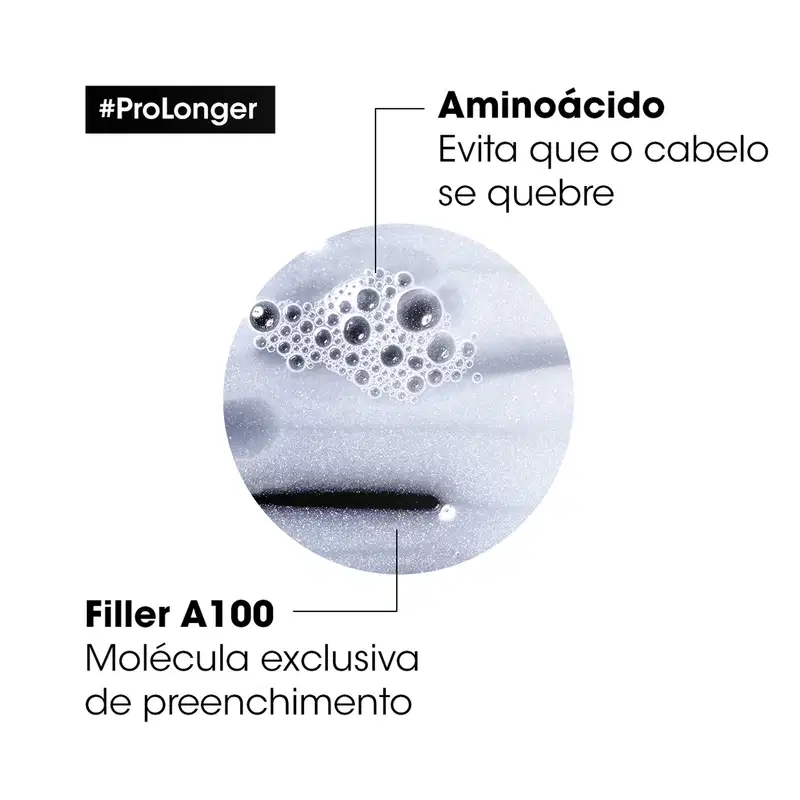 Imagem mostra um produto de perfumaria com o texto "#ProLonger", "Aminoácido evita que o cabelo se quebre" e "Filler A100 Molécula exclusiva de preenchimento".