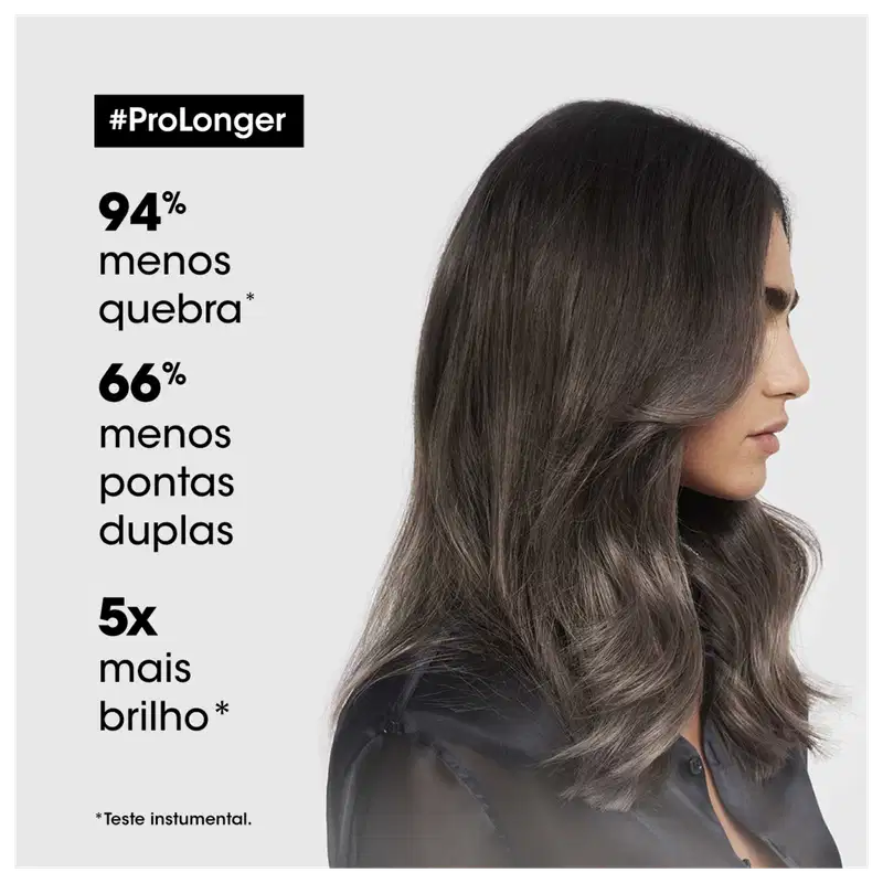 A imagem mostra uma mulher com cabelos escuros e ondulados. O texto apresenta informações sobre os benefícios do produto, incluindo 94% menos quebra, 66% menos pontas duplas e 5x mais brilho.