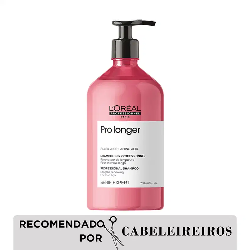 Frasco de shampoo da marca L'Oréal Professionnel, da linha Pro Longer, com 750 ml de capacidade. O rótulo apresenta o nome do produto, ingredientes e informações sobre o uso profissional.
