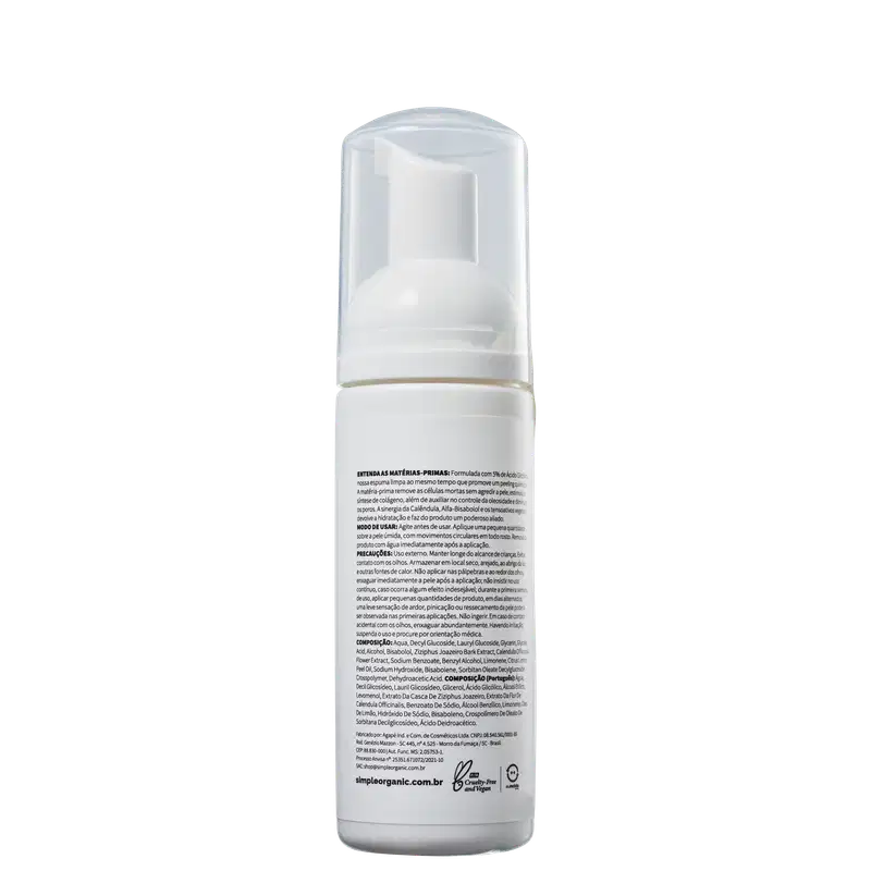 Simple Organic Ácido Glicólico - Espuma de Limpeza Facial 150ml