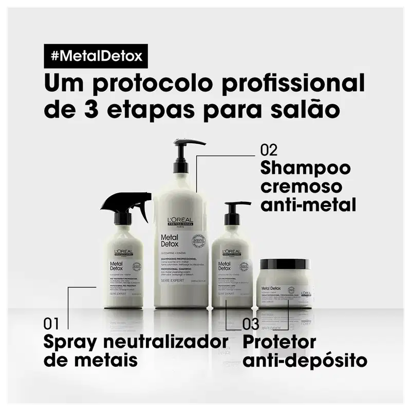 Um protocolo profissional de 3 etapas para salão: 01 Spray neutralizador de metais, 02 Shampoo cremoso anti-metal, 03 Protetor anti-depósito. #MetalDetox