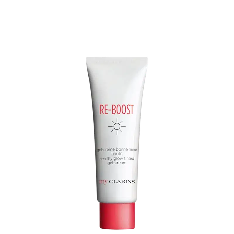 É um gel-creme da marca Clarins chamado "Re-Boost". O produto vem em um tubo branco com a tampa vermelha. No rótulo, está escrito "Re-Boost" em letras vermelhas. Abaixo, há a descrição "healthy glow tinted gel-cream".