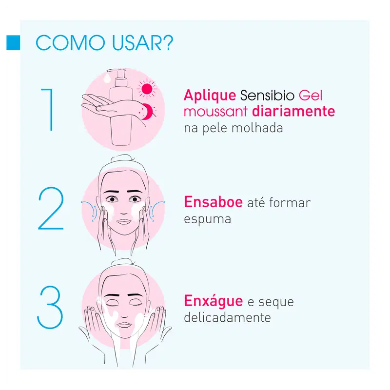 Como usar: Aplique Sensibio Gel moussant diariamente na pele molhada. Ensaboe até formar espuma. Enxágue e segue delicadamente.