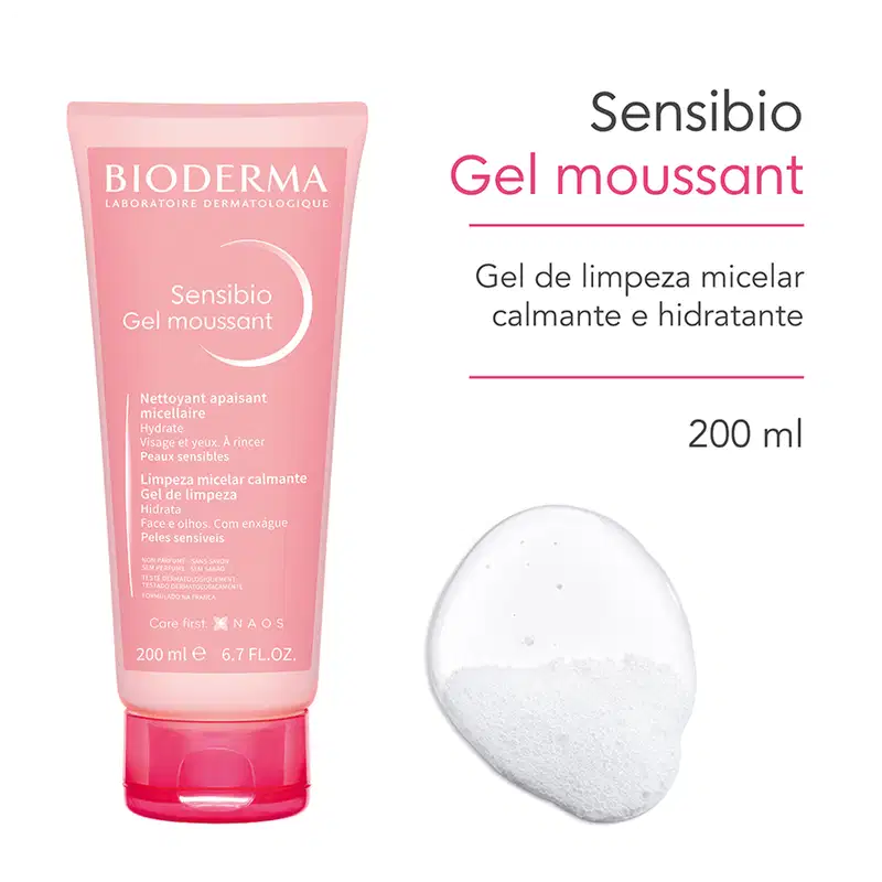 Texto na imagem: Sensibio Gel moussant - Gel de limpeza micelar calmante e hidratante. 200 ml.