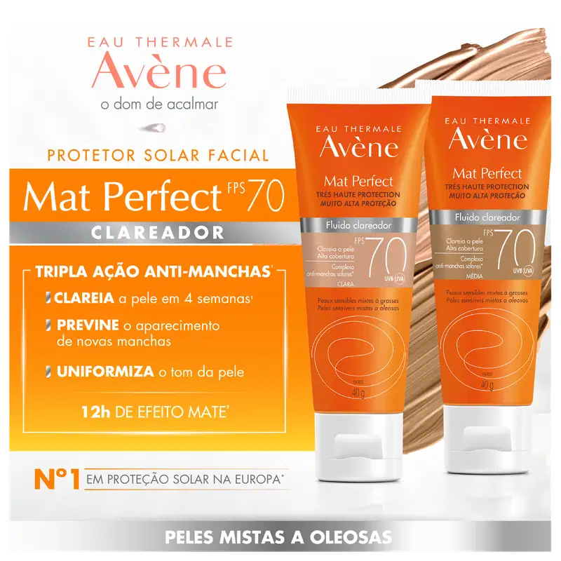 Avène Mat Perfect Clareador FPS 70 Tom Médio - Protetor Solar Facial Fluido 40g