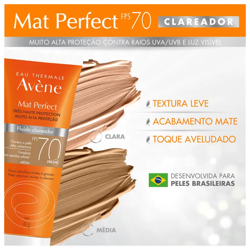 Avène Mat Perfect Clareador FPS 70 Tom Médio - Protetor Solar Facial Fluido 40g
