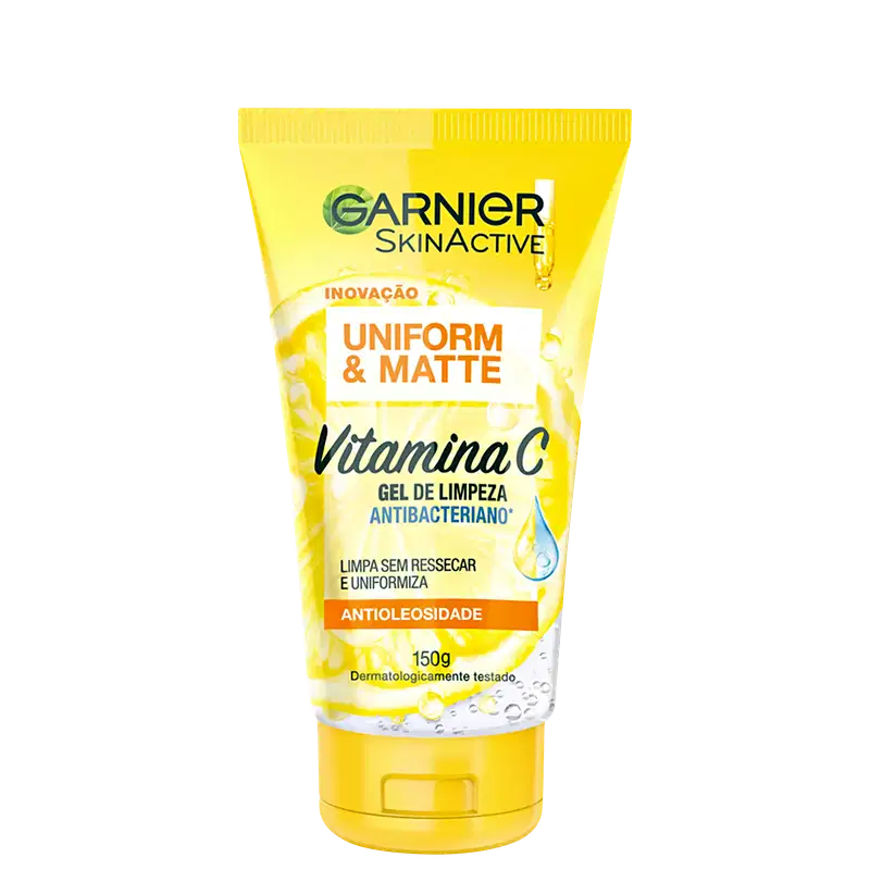 Gel de limpeza antibacteriano Garnier Skinactive Vitamina C, com embalagem amarela e branca, apresentando informações sobre uniformidade e matificação da pele.