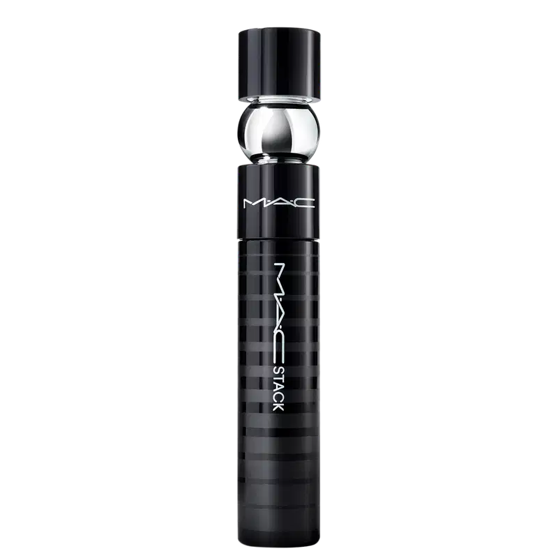 Frasco cilíndrico preto com detalhes cromados. Design minimalista e elegante.