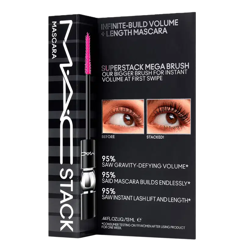 A embalagem é uma caixa preta com detalhes em branco exibe imagens de olhos antes e depois da aplicação, mostrando o efeito volumizador e alongador.