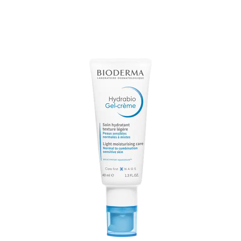 Frasco branco de gel-creme hidratante da marca Bioderma, com rótulo azul e branco indicando o nome "Hydrabio Gel-creme" e informações sobre o produto, como "Soin hydratant texture légère" e "Peau sensibles normales à mixtes".