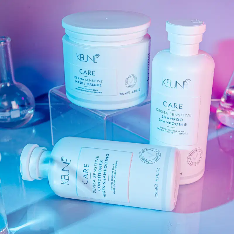 Linha Keune Care Derma Sensitive, com 3 produtos.