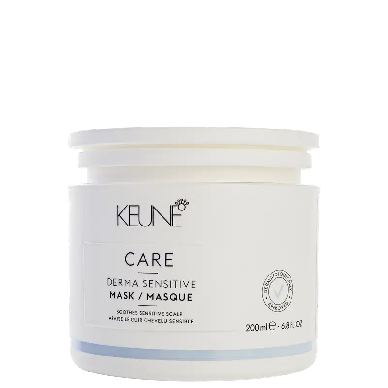 Frasco branco da linha Keune Care, contendo máscara para couro cabeludo sensível, com rótulo em preto e branco indicando o nome do produto e sua função de acalmar o couro cabeludo sensível.
