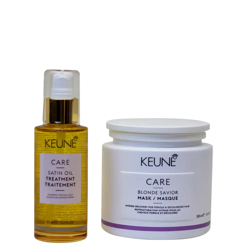 Dois produtos de cuidados capilares da marca Keune: um frasco de óleo de tratamento Satin Oil Treatment e um pote de máscara Blonde Savior, ambos com embalagens brancas e douradas.