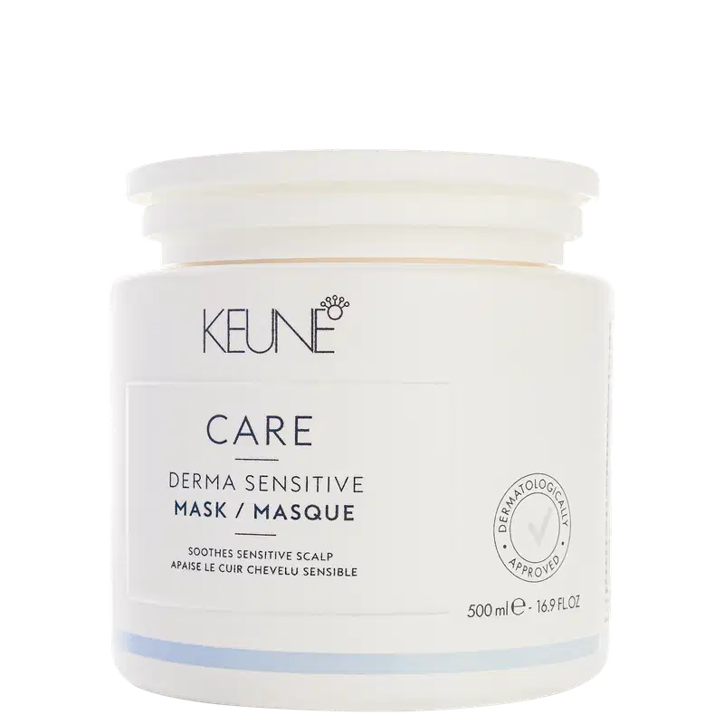 Frasco branco da linha Care da Keune, contendo máscara dermatologicamente aprovada para couro cabeludo sensível, com 500 ml de capacidade.