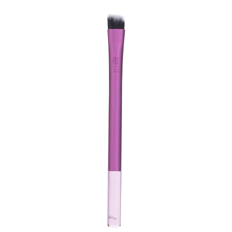 Pincel de maquiagem rosa com cabo longo e ponta arredondada, com a marca "RT" impressa no corpo do pincel. 