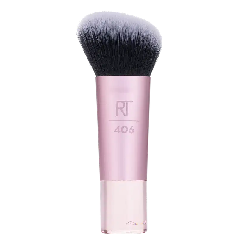 Pincel de maquiagem rosa com cabo e ponta curva, com a marca "RT" e o número "406" impressos na embalagem.