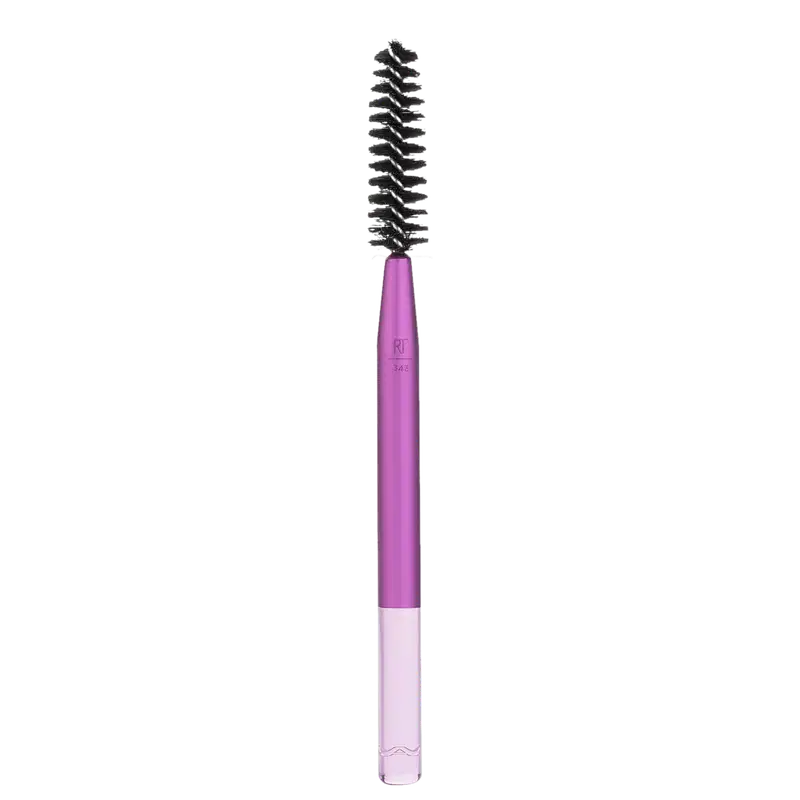 Pincel com cabo rosa e cerdas pretas em espiral, com rótulo "RT 345" na embalagem. Produto de beleza para aplicação de rímel nos cílios.